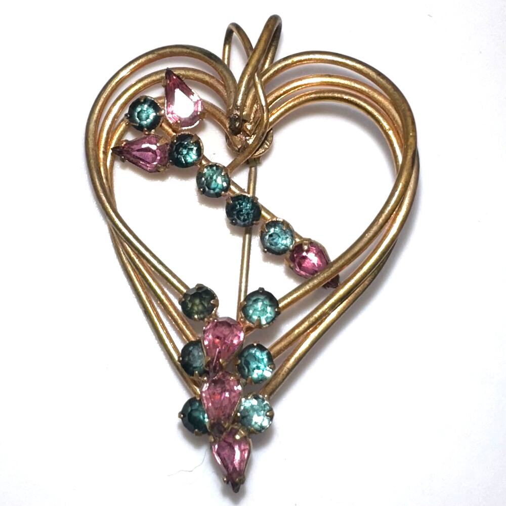 1940s 1950s vintage gold tone pink blue rhinestones heart brooch pin pendant